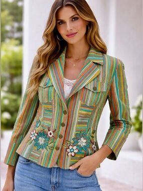 90’s Y2K Jenco Blazer Striped Multicolored Floral‎ Embroidered Embellished Gypsy